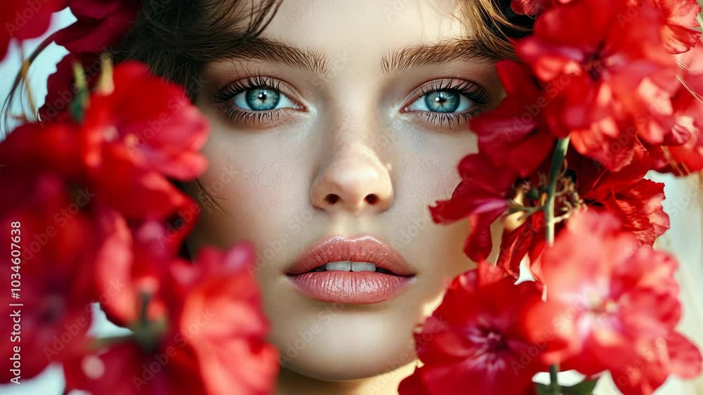 A woman with blue eyes looks through red flowers, the petals framing her face A woman with blue eyes looks through red flowers, the petals framing her face