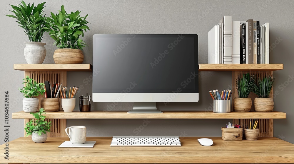 Modern Ergonomic Desk Setup with Greenery and Storage Modern Ergonomic Desk Setup with Greenery and Storage