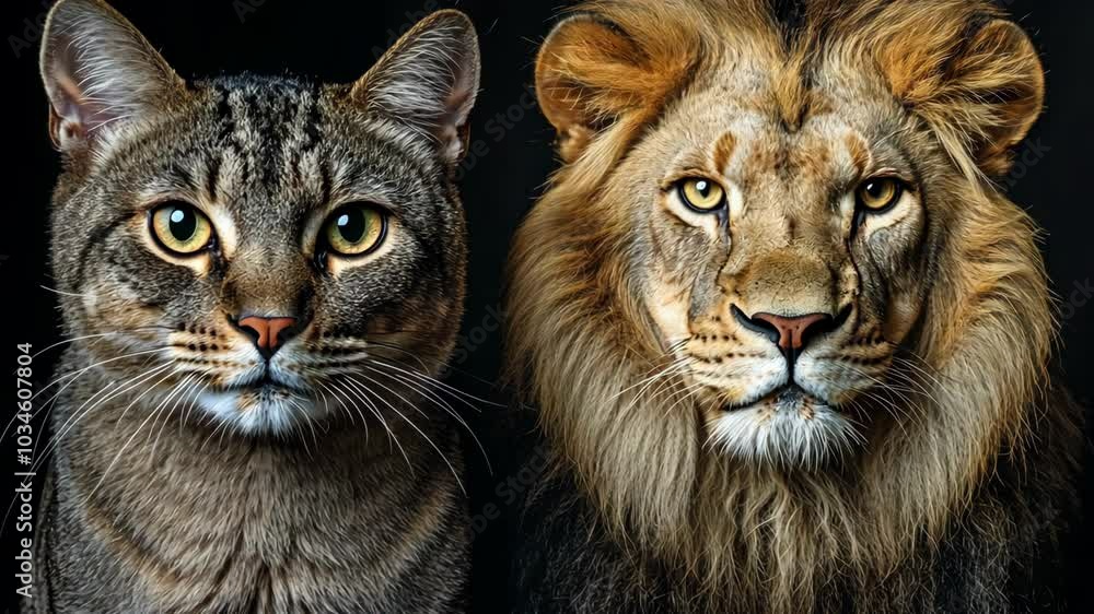 A tabby cat and a lion stare intently at the camera, their eyes locked in a shared gaze A tabby cat and a lion stare intently at the camera, their eyes locked in a shared gaze