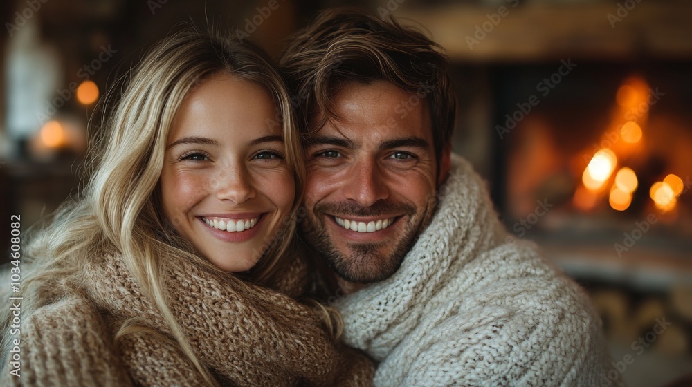 A couple wrapped in cozy sweaters embraces warmly by a crackling fireplace, radiating joy and love in a picturesque winter cabin atmosphere. A couple wrapped in cozy sweaters embraces warmly by a crackling fireplace, radiating joy and love in a picturesque winter cabin atmosphere.