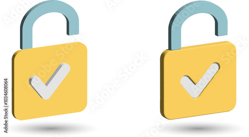 3D padlock icon. 3D rendering yellow unlocked symbol security concept vector illustration.