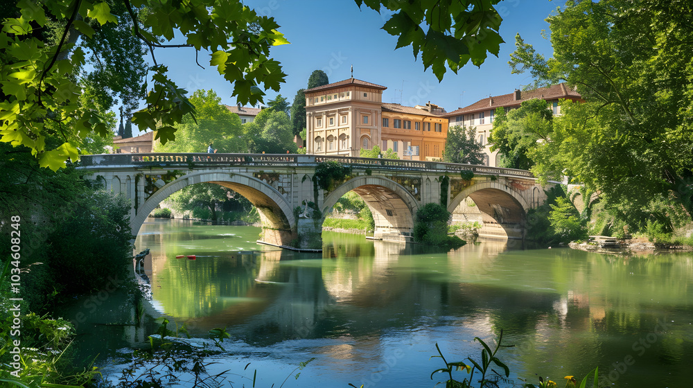 Fototapeta premium bridge over the river, Historic Bridge Over a Serene River Surrounded by Lush Greenery