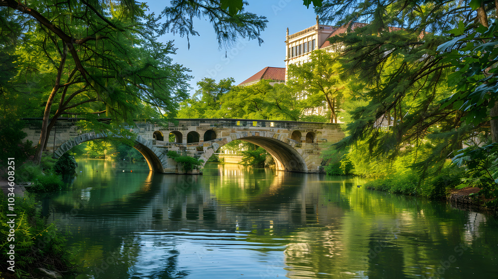 Fototapeta premium bridge over the river, Historic Bridge Over a Serene River Surrounded by Lush Greenery