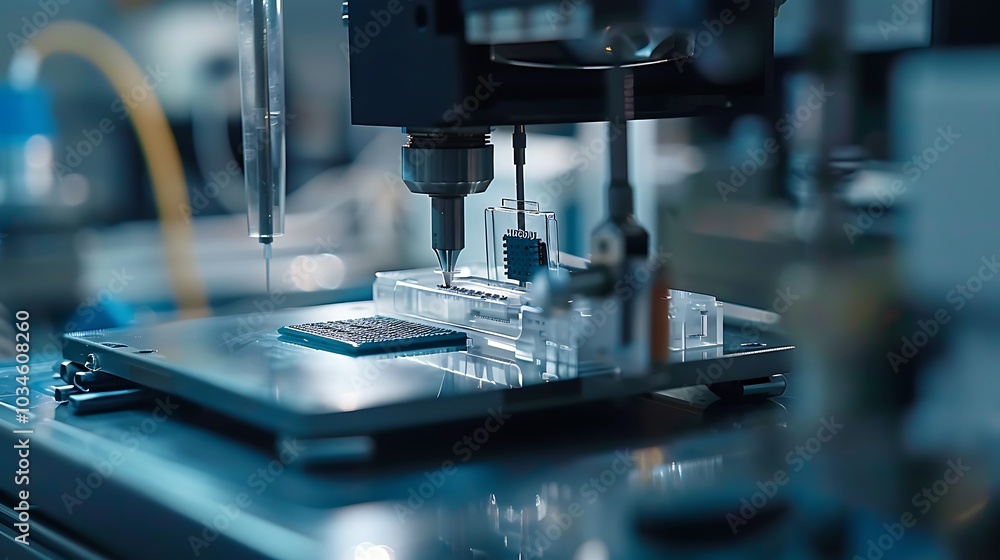 High-tech microchip packaging process captured with automated machinery focused on ensuring precision quality control and efficiency in electronics production for global distribution High-tech microchip packaging process captured with automated machinery focused on ensuring precision quality control and efficiency in electronics production for global distribution