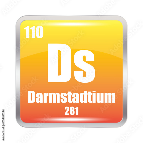 Darmstadtium icon. Ds chemical element. Atomic number 110. Mass 281. Shiny orange square.