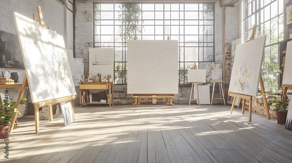 154. A bright art studio with canvases and an unoccupied area for a product 154. A bright art studio with canvases and an unoccupied area for a product