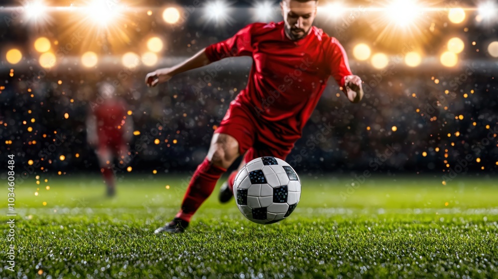 Naklejka premium Dynamic soccer player kicking ball on a bright stadium field under spotlights