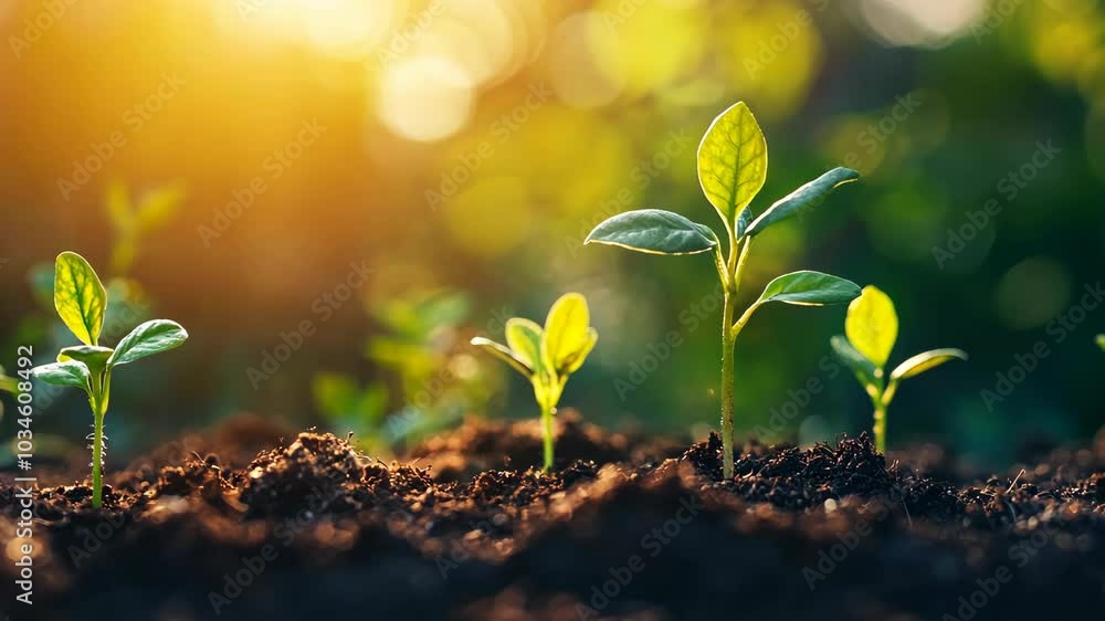Young green plants grow in rich brown soil with a sunlit background Young green plants grow in rich brown soil with a sunlit background