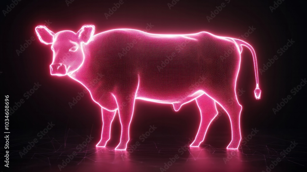 Fototapeta premium Vibrant neon representation of a cow in a digital landscape for modern art enthusiasts
