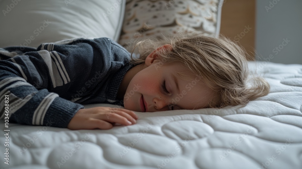 A young child peacefully sleeps on a cozy mattress, showcasing a serene and tranquil moment in a softly lit room. A young child peacefully sleeps on a cozy mattress, showcasing a serene and tranquil moment in a softly lit room.
