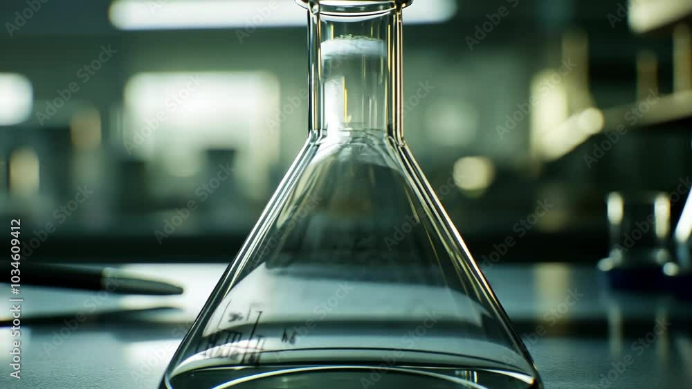 A clear glass flask sits on a black surface in a laboratory