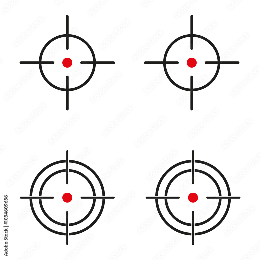 Set of four simple target icons with red centers, ideal for concepts of accuracy or focus. Set of four simple target icons with red centers, ideal for concepts of accuracy or focus.