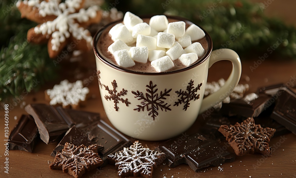 A cup of hot cocoa with a star-shaped cookie on the side, surrounded by warm and cozy decorations