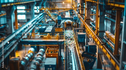 Modern recycling plant equipped with automated systems sorting and processing diverse waste materials efficiently while workers ensure smooth operations and adherence to eco-friendly practices