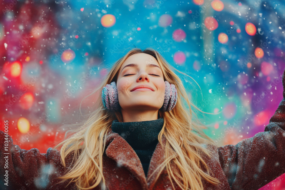 Beautiful woman in warm outerwear enjoying music on wireless headphones in cold weather Beautiful woman in warm outerwear enjoying music on wireless headphones in cold weather
