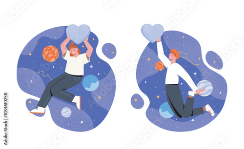 People with cosmic love. Man and woman with hearts in their hands near stars and planets. Space and universe, galaxy. Love and romance. Flat vector illustration isolated on white background