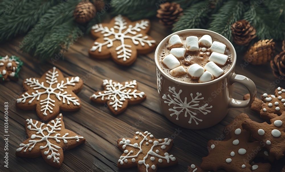 A cup of hot cocoa with a star-shaped cookie on the side, surrounded by warm and cozy decorations A cup of hot cocoa with a star-shaped cookie on the side, surrounded by warm and cozy decorations
