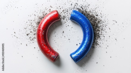 A red and blue magnet with iron filings scattered around, illustrating magnetic attraction.