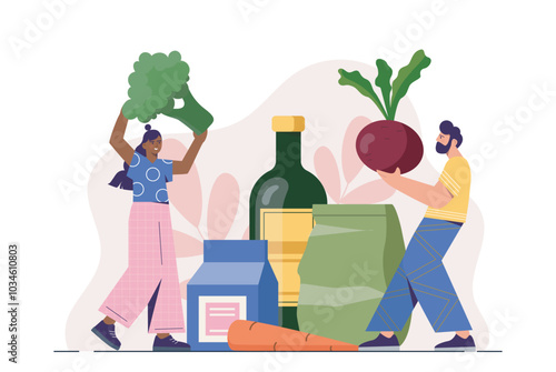 People with healthy eating. Man with beets and woman with broccoli in hands. Proper diet and nutrition with vitamins. Carrot, milk and oil. Flat vector illustration isolated on white background