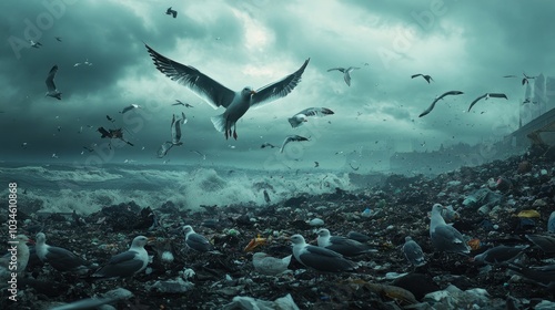 A seagull flies over a polluted beach filled with garbage and turbulent waves.