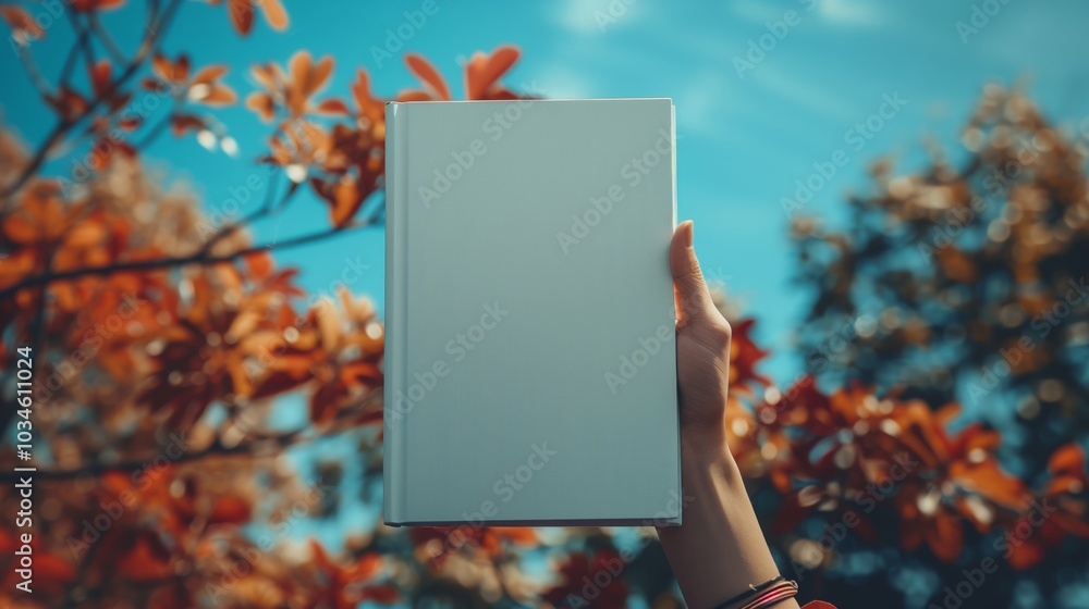 A hand holding a blank white book cover against a background of a church with a blue sky A hand holding a blank white book cover against a background of a church with a blue sky