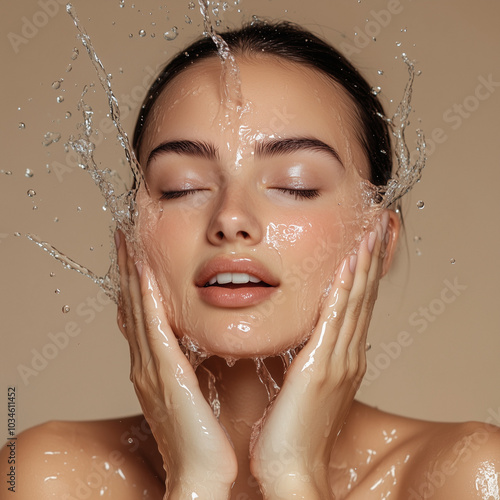 beautiful mid age woman washes her face with water, she has a serene expression, against a beige background, in an advertisement for a skin rejuvenation.