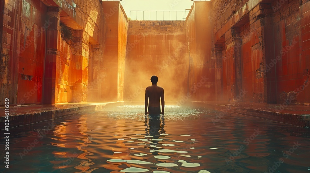A Man Standing in a Pool of Water with a Red Building in the Background A Man Standing in a Pool of Water with a Red Building in the Background