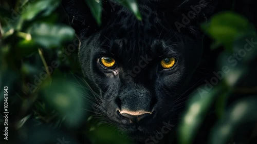 A black panther with yellow eyes is staring at the camera