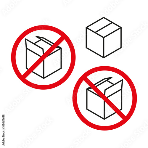 Box icon. Prohibited open box. Red warning symbol. Vector simple outline.