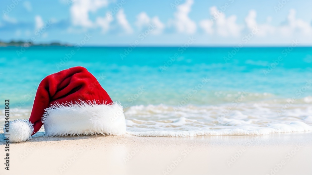 Santa hat by ocean shore with turquoise water Santa hat by ocean shore with turquoise water