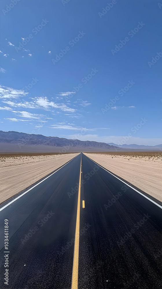 Fototapeta premium Long Straight Highway Cutting Through a Vast Desert Landscape Under Clear Blue Sky