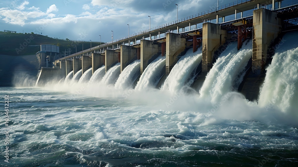 Hydroelectric power generation at a large dam with strong water flow through turbines generating renewable energy while promoting environmental sustainability and clean electricity Hydroelectric power generation at a large dam with strong water flow through turbines generating renewable energy while promoting environmental sustainability and clean electricity