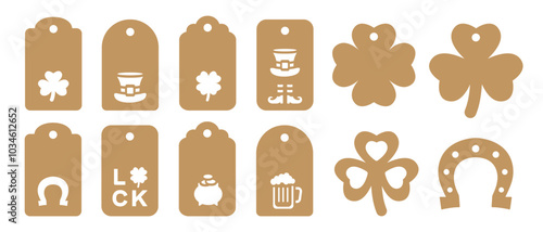 Set of St Patricks Day gift tags vector templates for cutting. Irish holiday tag stencils. Craft paper or cardboard label for gift wrapping