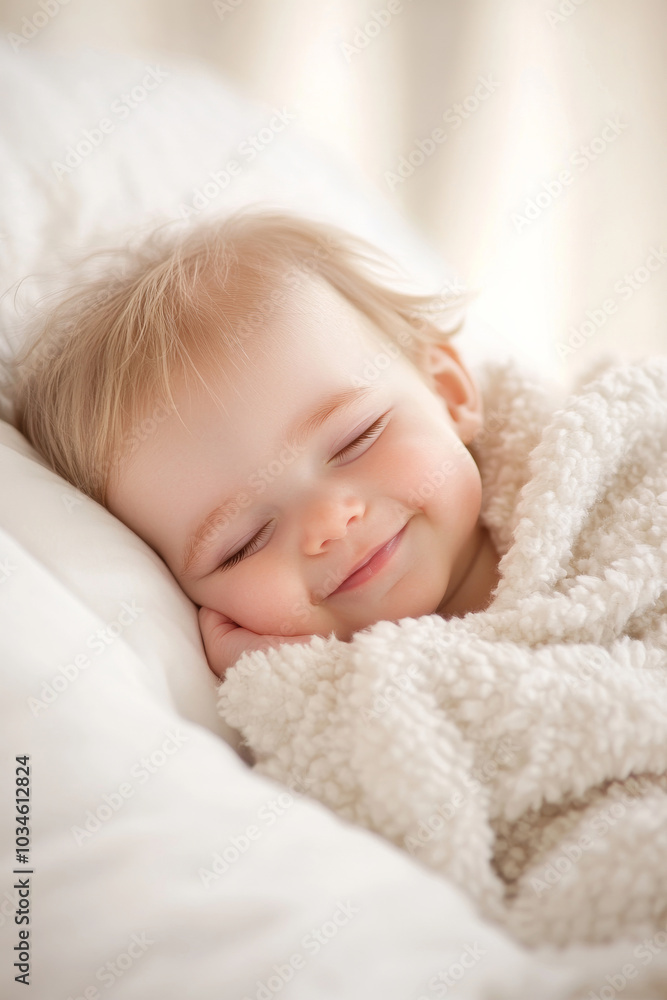 A peaceful baby sleeping comfortably, with a soft smile on their face. Ideal for children's lifestyle and nursery decor projects. A peaceful baby sleeping comfortably, with a soft smile on their face. Ideal for children's lifestyle and nursery decor projects.
