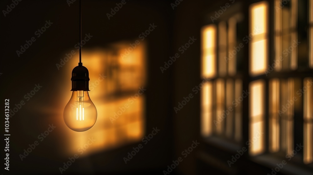 Dark empty room with single flickering light bulb casting long shadows, emphasizing absence of power and eerie atmosphere, minimalist setting with focus on light bulb's glow. Dark empty room with single flickering light bulb casting long shadows, emphasizing absence of power and eerie atmosphere, minimalist setting with focus on light bulb's glow.