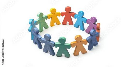 Colorful Wooden Figures Holding Hands in a Circle