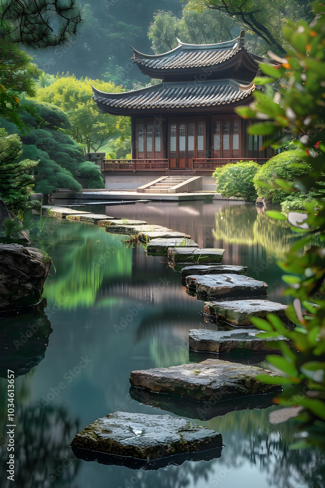 Fototapeta premium Serene Zen Monastery: Embracing Timeless Tranquility Amidst Nature’s Harmony