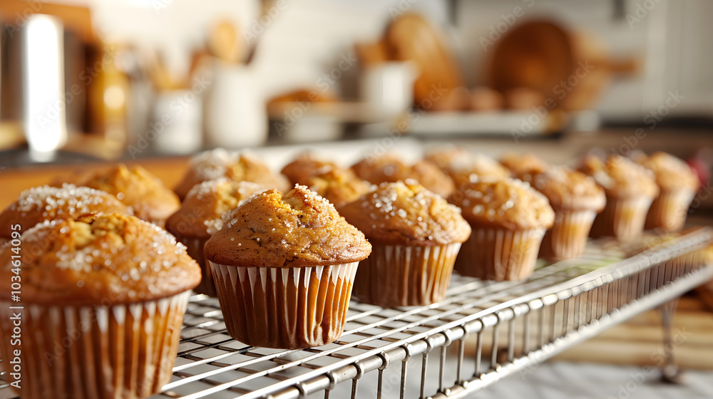 muffins on a tray, Baked Muffins Cooling on a Wire Rack in a Cozy Home Kitchen muffins on a tray, Baked Muffins Cooling on a Wire Rack in a Cozy Home Kitchen