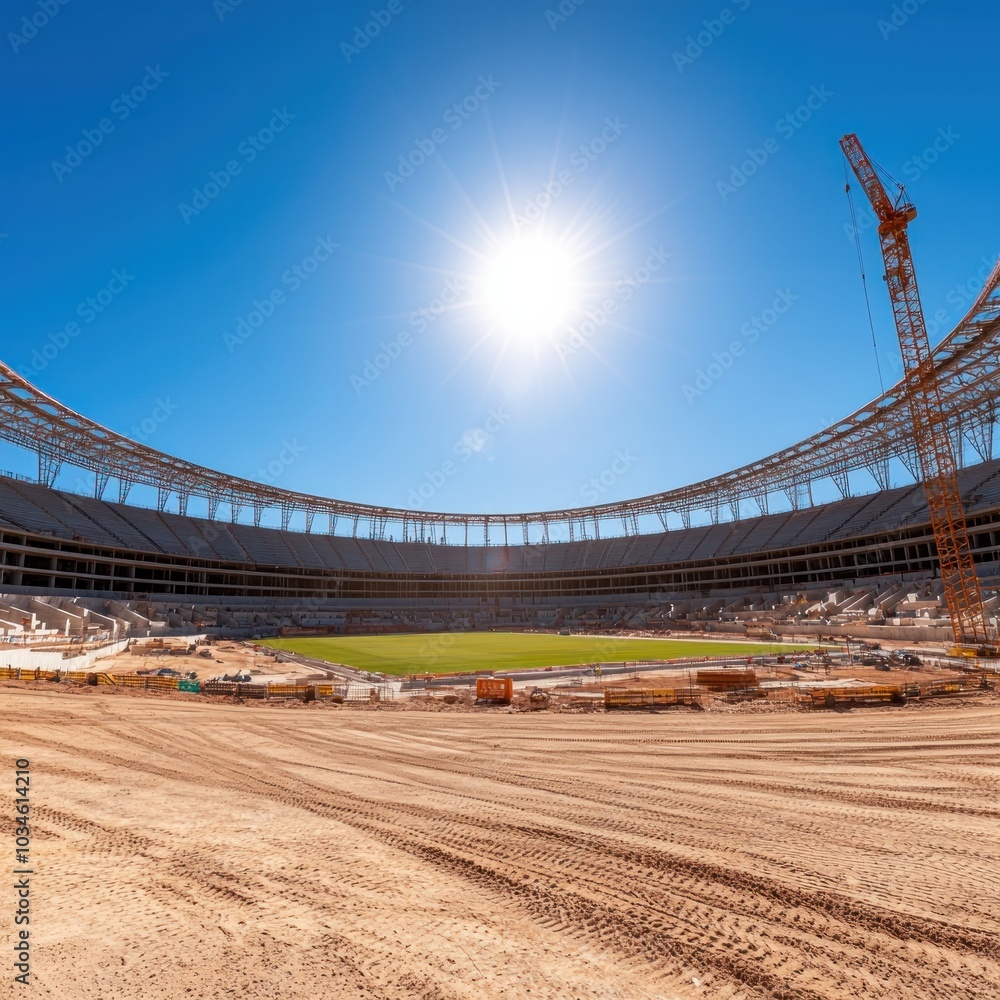 Fototapeta premium Construction progress of a modern stadium under bright sunlight in a clear blue sky