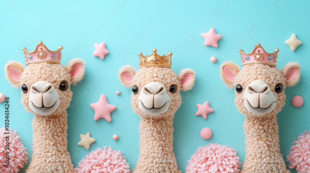 Three Wise Men themed camels wearing crowns on pastel background