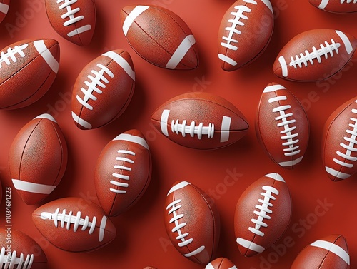 A pattern of brown and white american footballs on a red background.