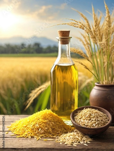 Wallpaper Mural A clear glass bottle filled with golden rice bran oil sits on a rustic wooden table. Torontodigital.ca