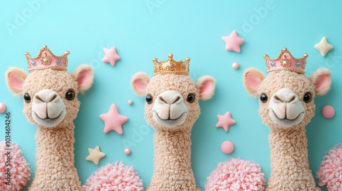 Obraz na płótnie Three Wise Men themed camels wearing crowns on pastel background w salonie
