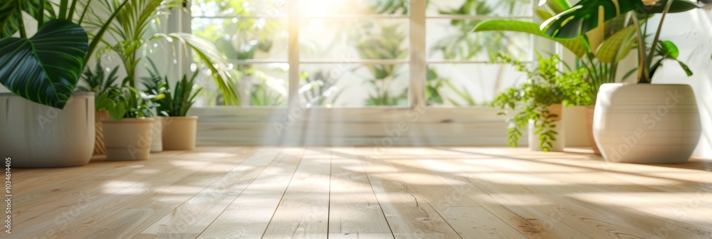 A room with a large window and potted plants by Generative AI A room with a large window and potted plants by Generative AI