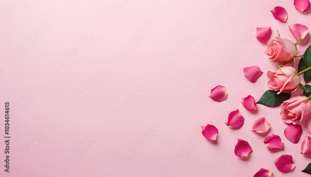 Delicate pink roses and petals arranged on a soft pink background
Delicate pink roses and petals arranged on a soft pink background