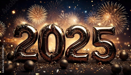Glänzendes Silvester- und Neujahr 2025 Banner mit Feuerwerk, Konfetti und silbernen goldenen Ballon-Zahlen