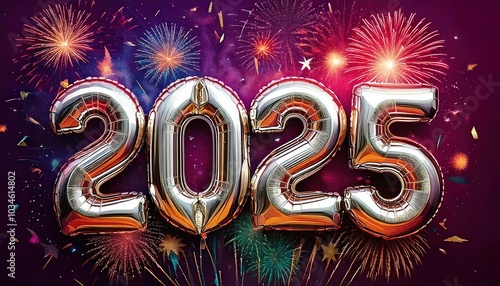 Glänzendes Silvester- und Neujahr 2025 Banner mit Feuerwerk, Konfetti und silbernen goldenen Ballon-Zahlen