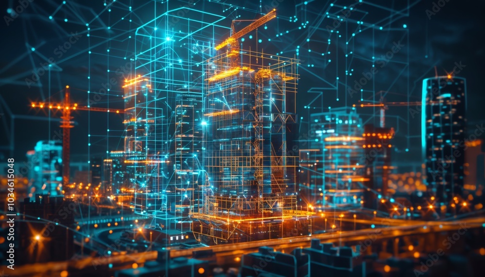 Naklejka premium Holographic interface showcasing real-time construction innovations