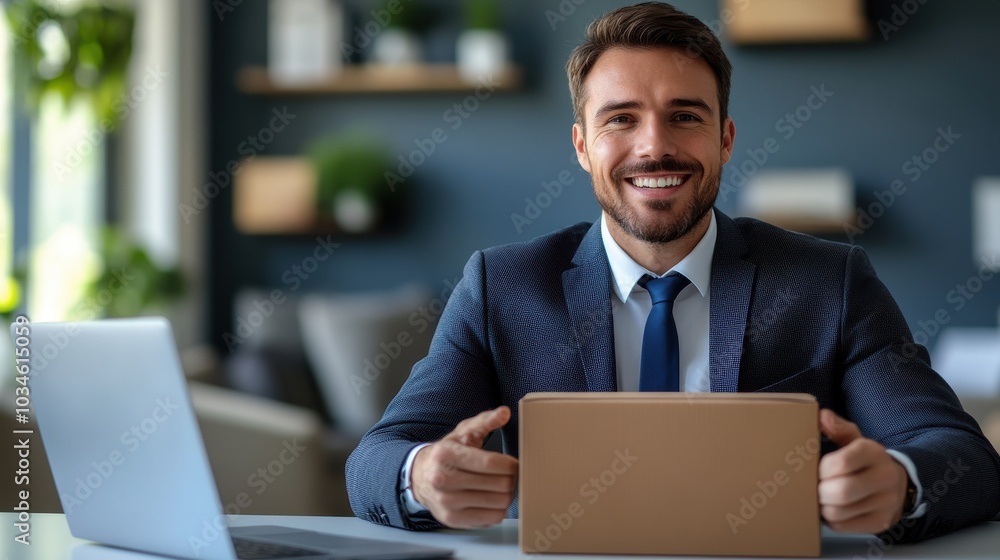 Happy businessman holding a cardboard box. Happy businessman holding a cardboard box.