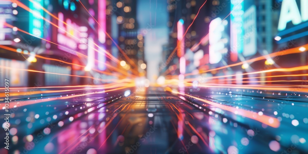 A city street with neon lights and a blurry background by AI generated image by Generative AI A city street with neon lights and a blurry background by AI generated image by Generative AI